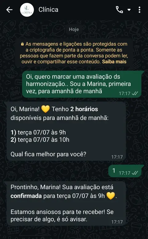 Print real: paciente agenda avaliação de harmonização pelo WhatsApp em menos de um minuto
