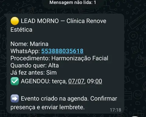 Print real: dona da clínica recebe o lead qualificado com nome, procedimento e horário agendado, evento criado na agenda